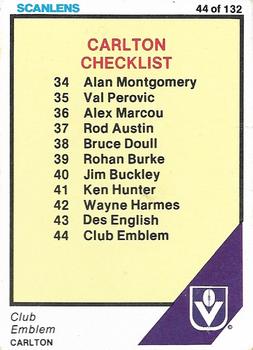1984 Scanlens VFL #44 Checklist Front